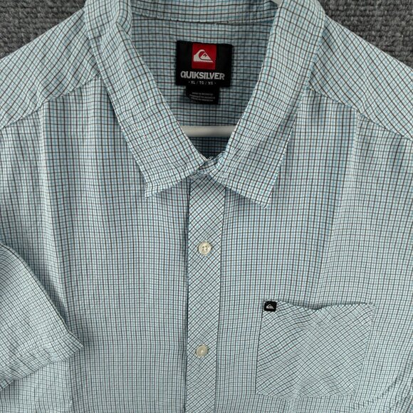 Quiksilver Black Blue XL Short Sleeve Check Rayon Polyester Streetwear Shirt Men - Picture 1 of 11